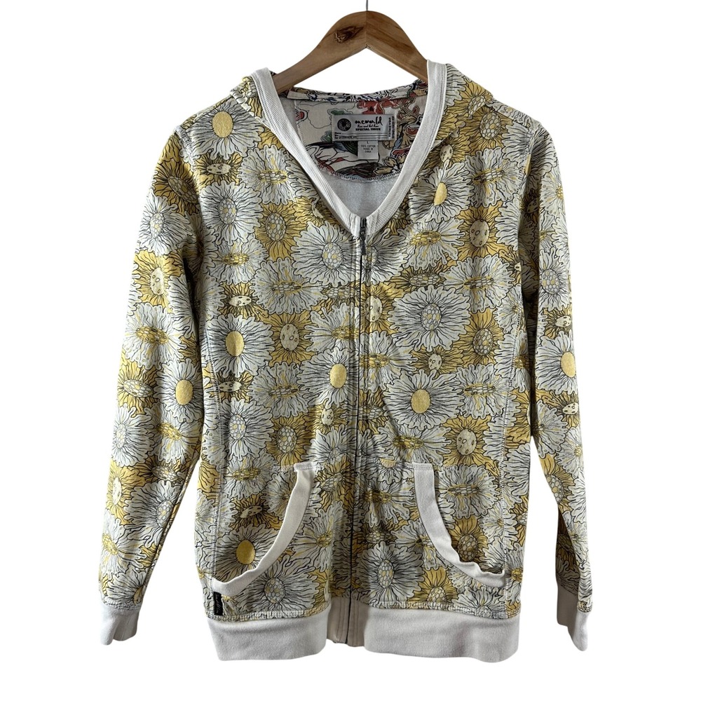 One‎ World Womens Yellow Sunflower Zip Up Hoodie Floral Print Cotton Size L